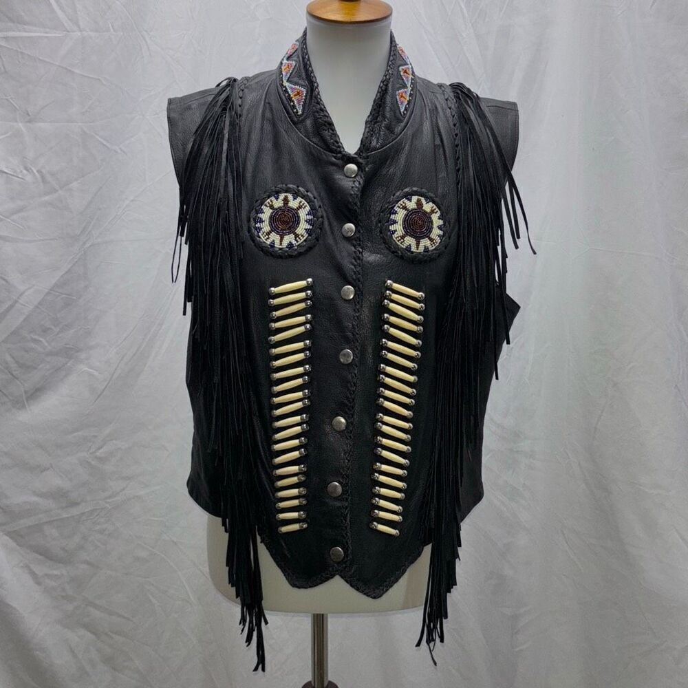 Vtg Tribal America Beads & Fringe Native black leather biker vest XXL